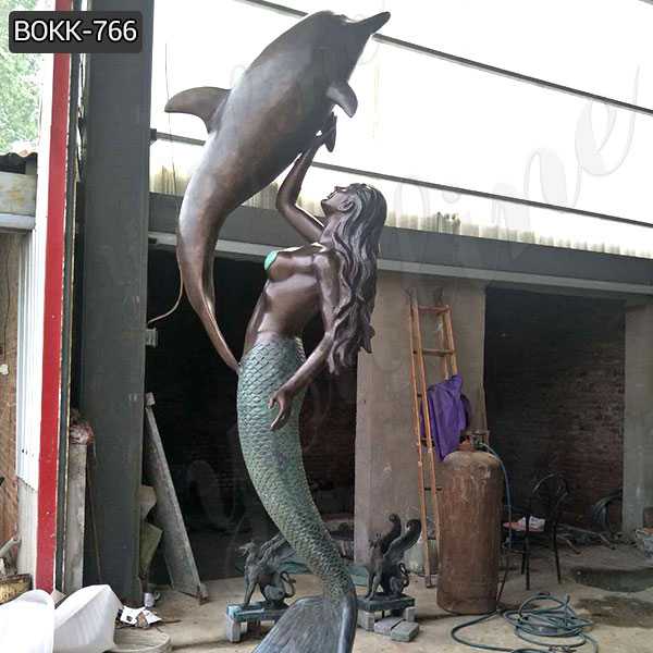 Large Outdoor Bronze Mermaid Statue with Dolphin on Sale