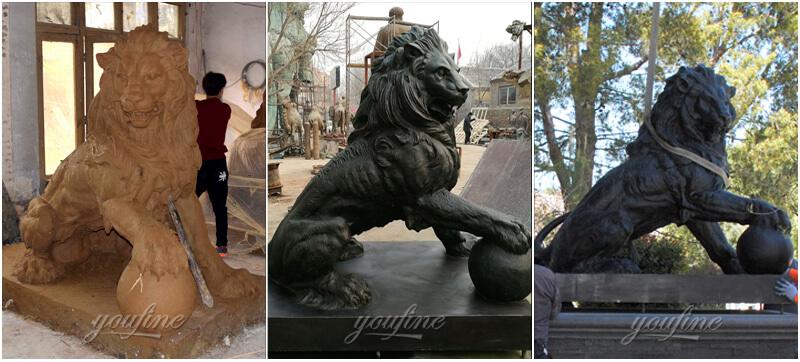 Outdoor Guardian Bronze Lion with Ball Statue for Sale BOKK-447 - Bronze Animal Sculpture - 2