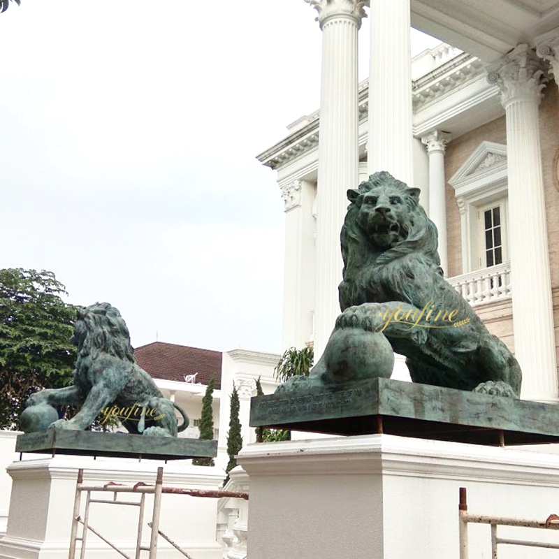 bronze large lion statue outside house
