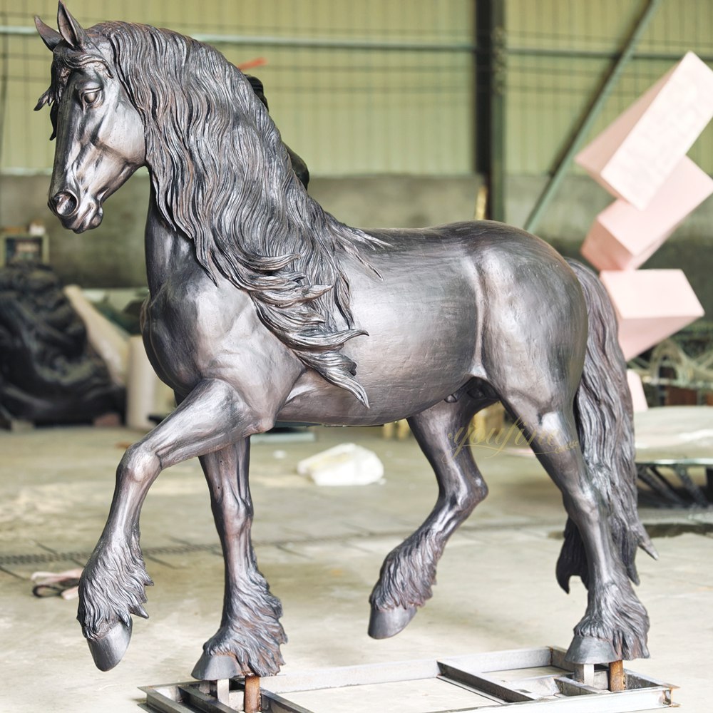Life size black bronze Friesian horse statue in factory