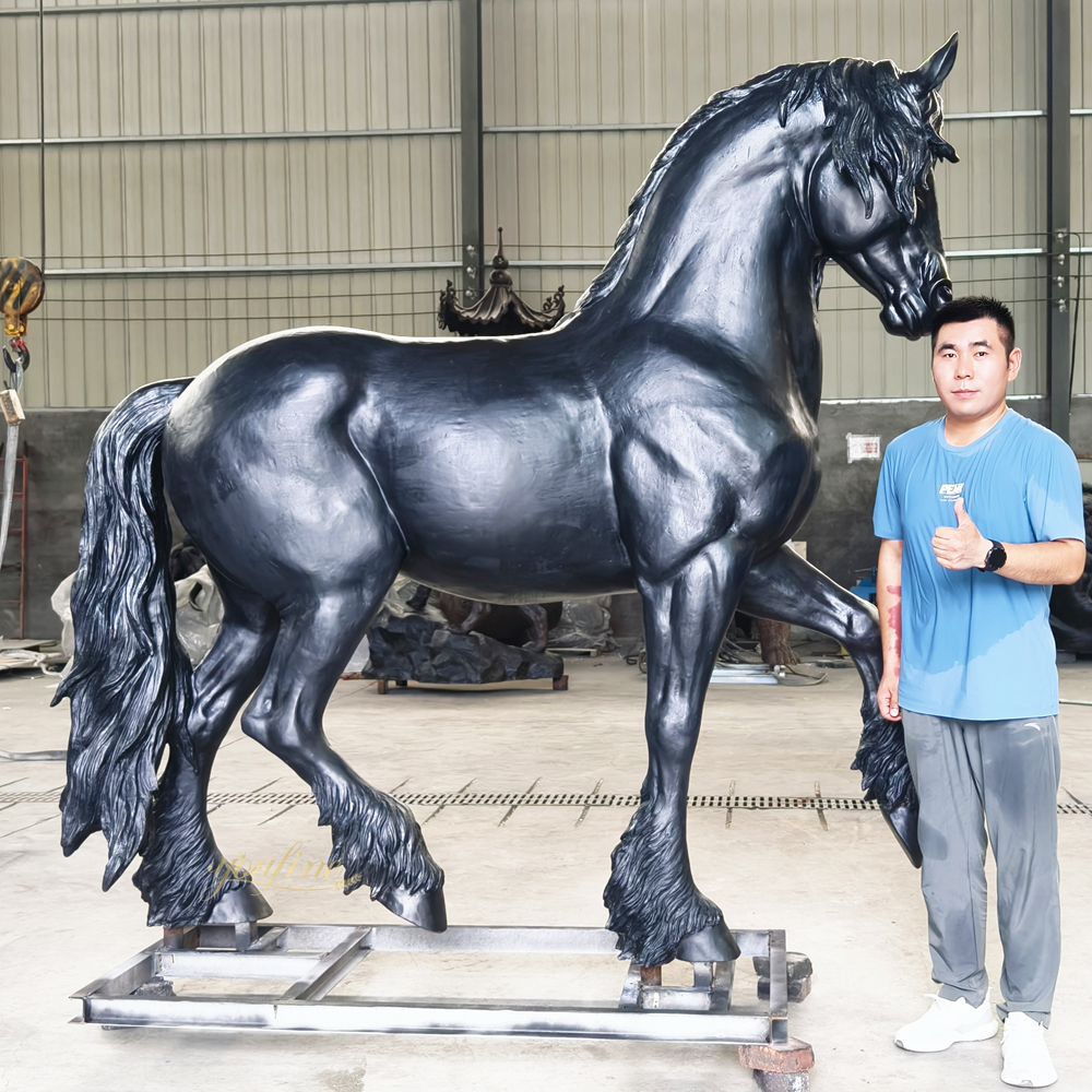 Life size bronze Friesian horse sculpture with our qc manager