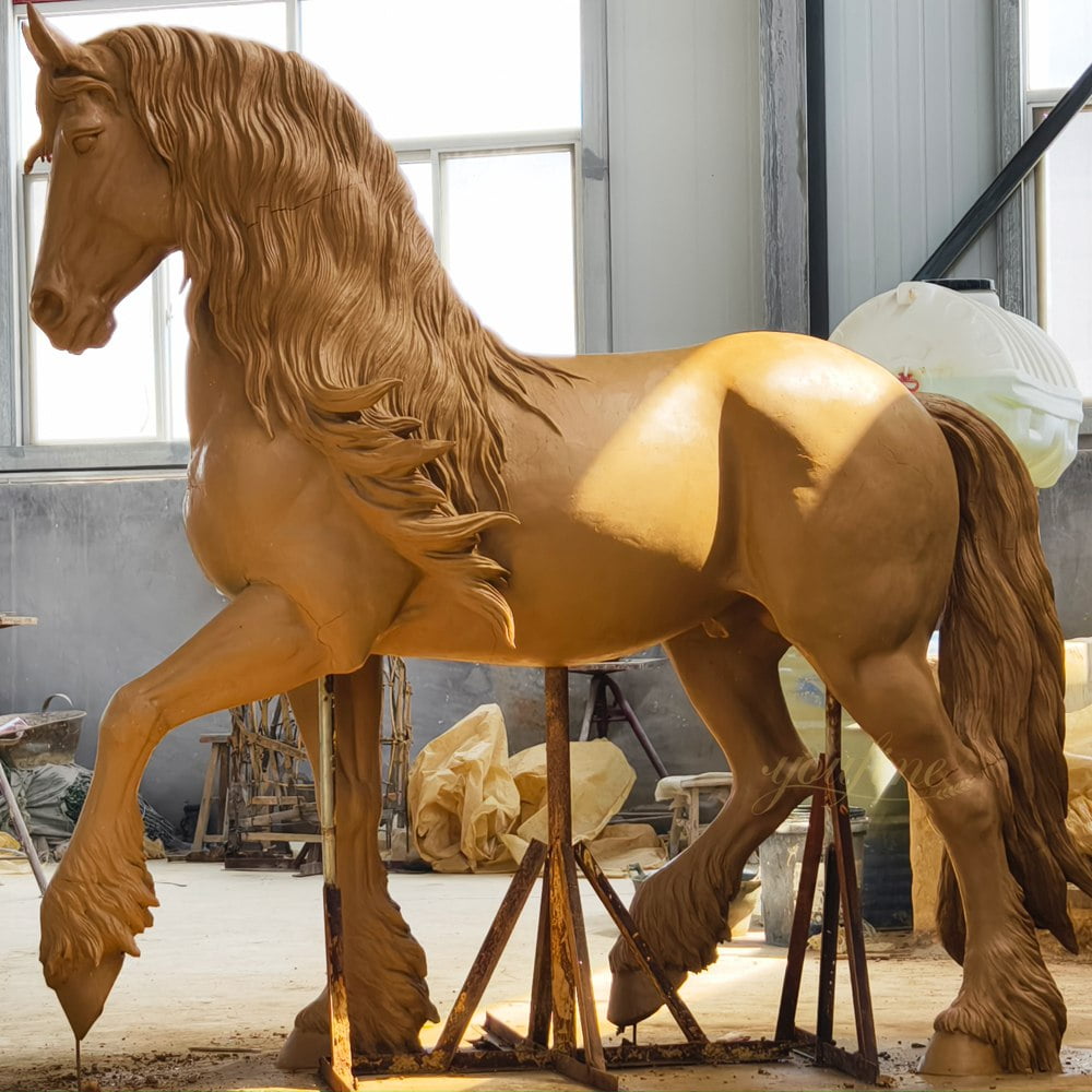 Walking Friesian horse clay mold before bronze production