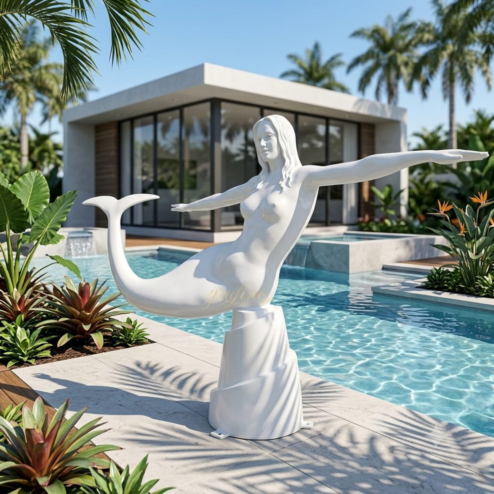 Unique White Mermaid Sculpture with Arms Outstretched