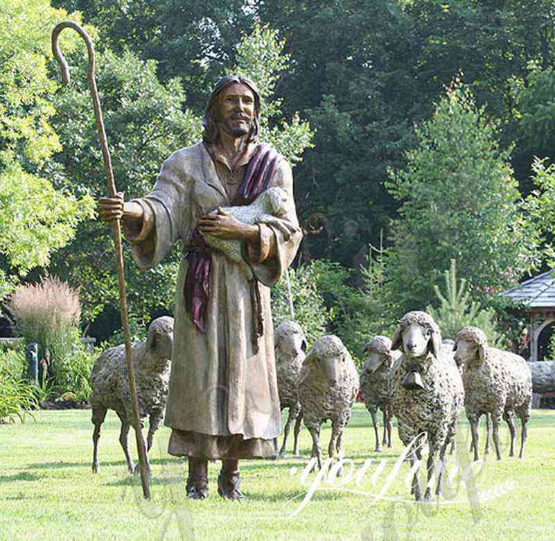 Catholic Religious Outdoor Bronze Jesus Leading Sheep Statue for Sale BOKK-623 - Bronze Religious Sculpture - 1