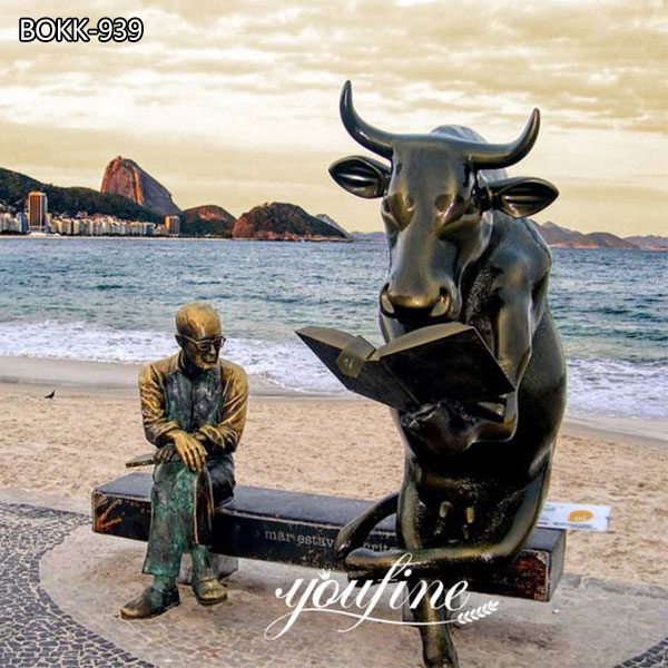 Custom Large Bronze Bull Read Book and Man Garden Statue for Sale