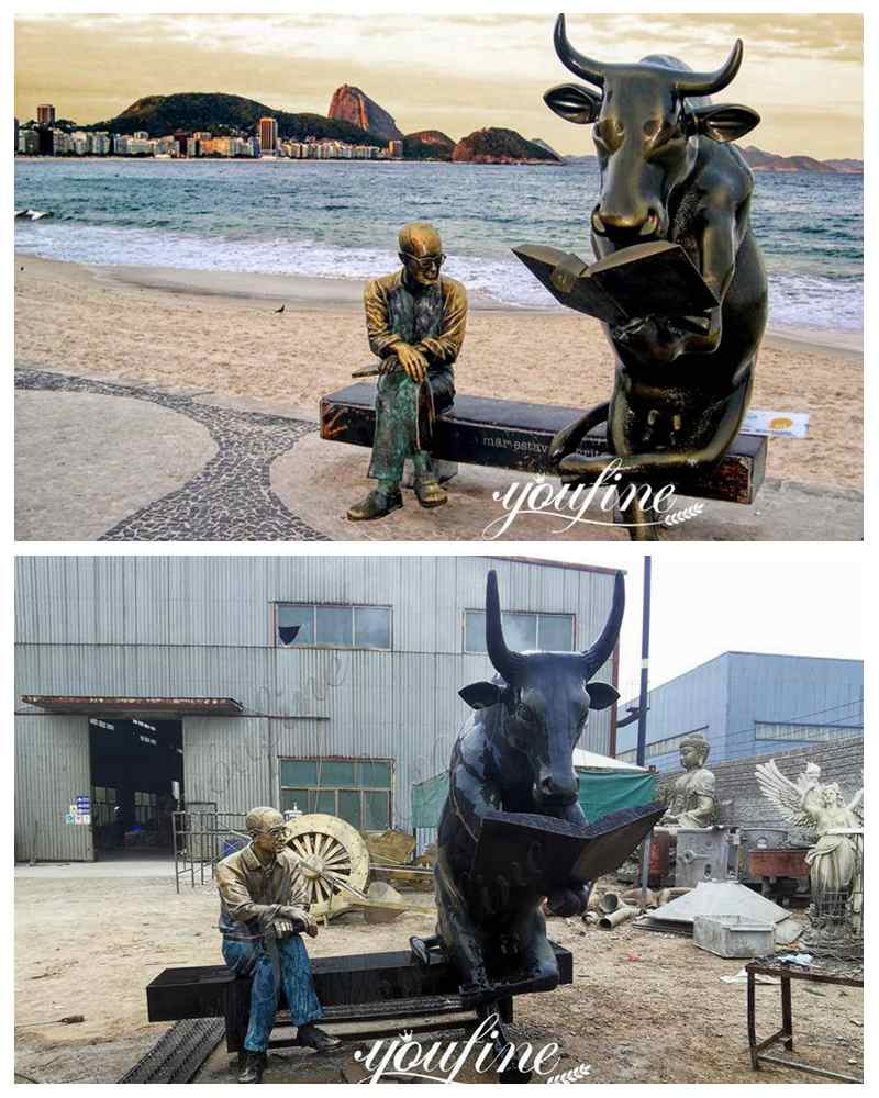 Custom Large Bronze Bull Read Book and Man Garden Statue for Sale BOKK-939 - Bronze Bull Sculpture - 1