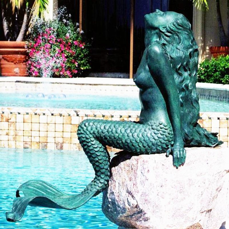 Bronze Mermaid Statue Sitting on Rock for Beach Style Sale BOKK-333 - Bronze Classical Sculpture - 3