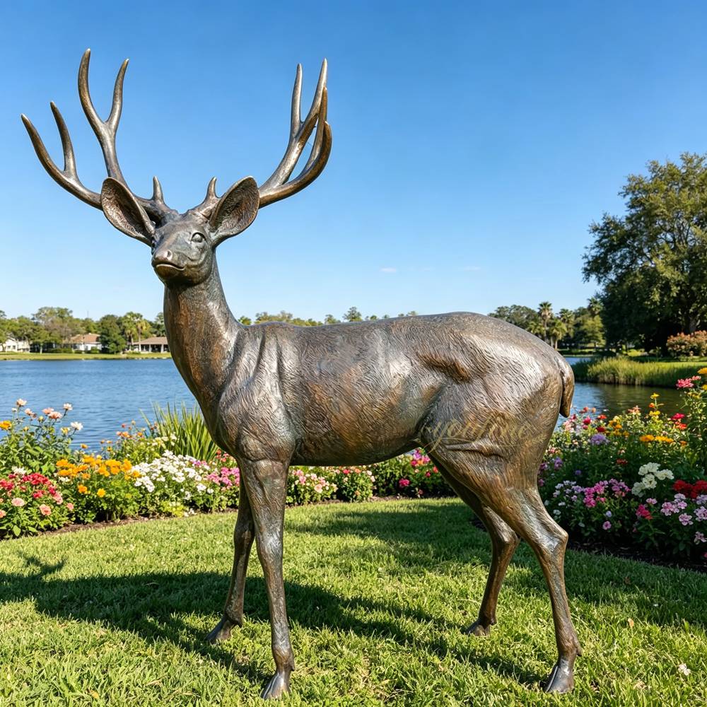 wildlife Bronze Cerf Sculpture by the Lake