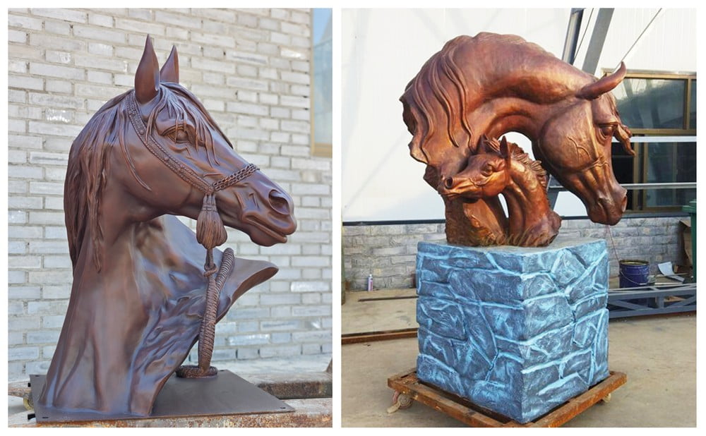 Horse Head Bust Sculpture With Harness & Mare And Foal Horse Head Statue