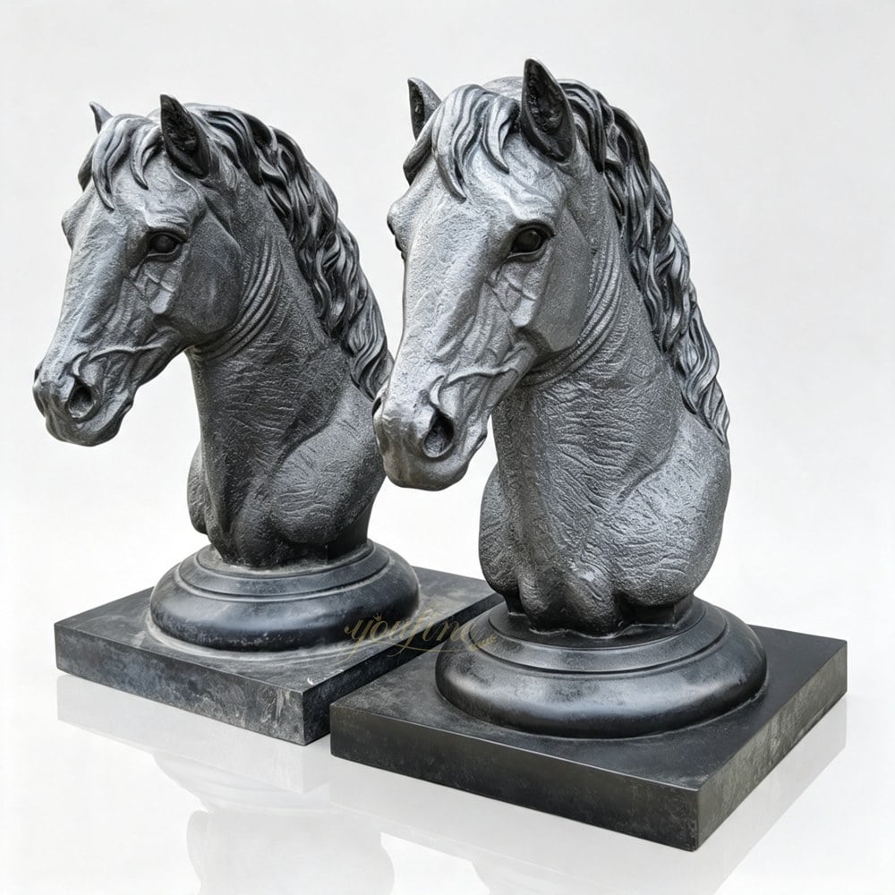 Vintage Bronze Horse Head Bust Statue On Stone Base