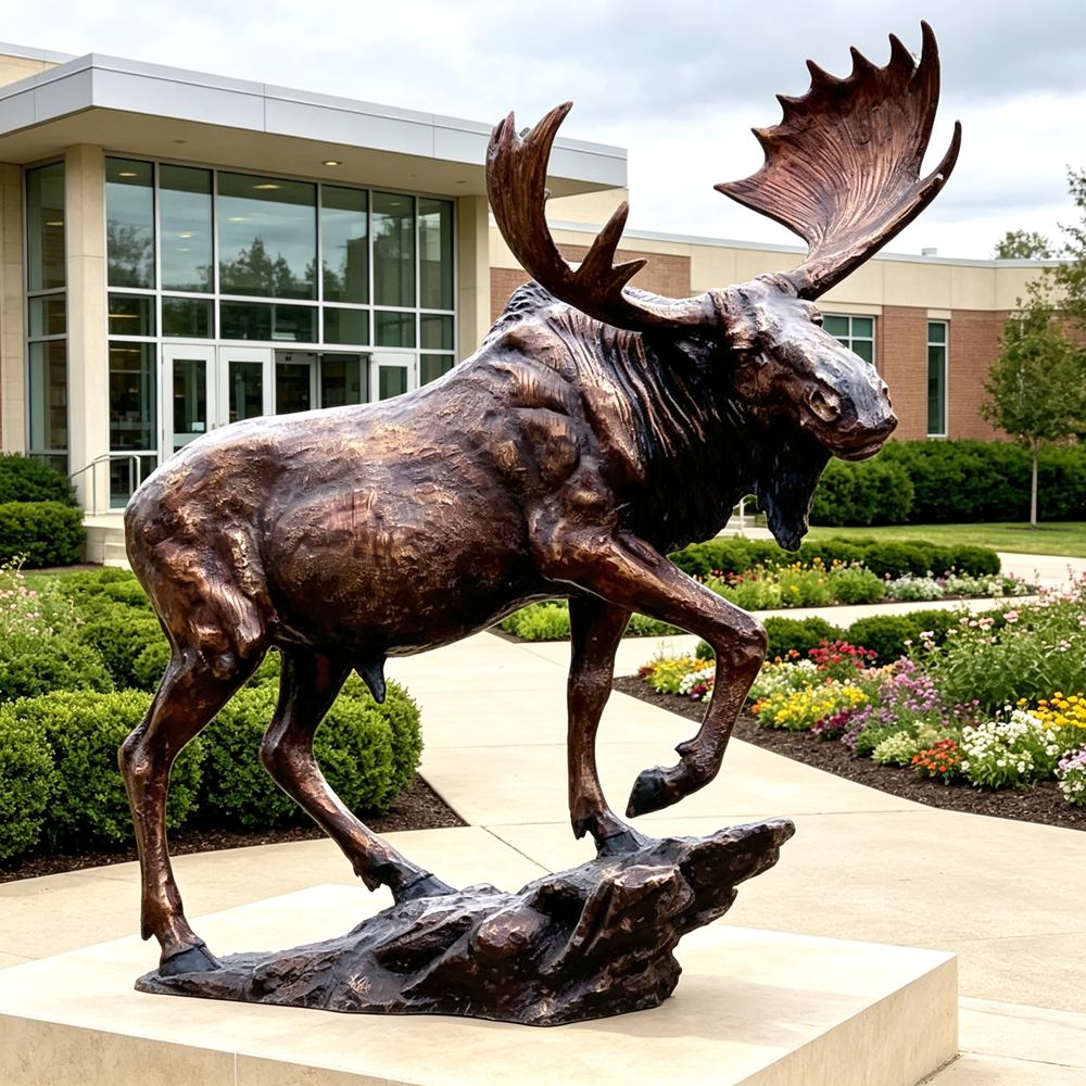 Life-size Moose Lawn Statue on a Rock in school