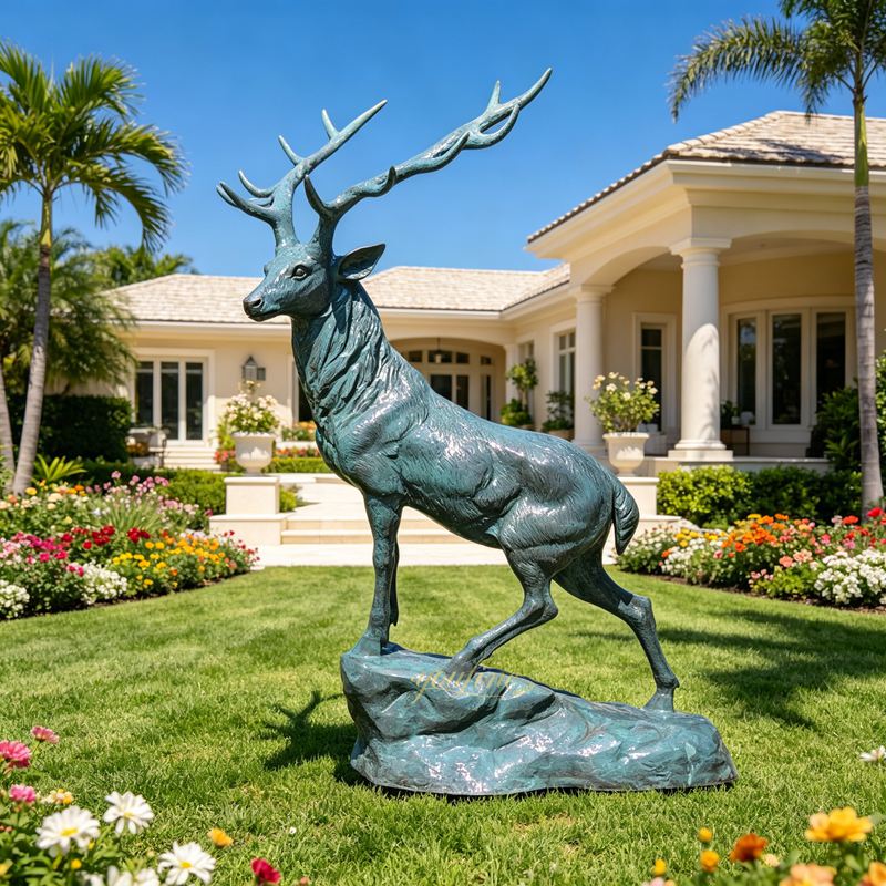 Elk Statues with green patina in the villa garden