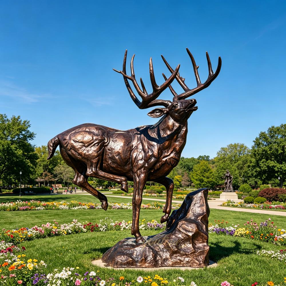 Lively Leaping White-tailed Deer Sculpture in garden