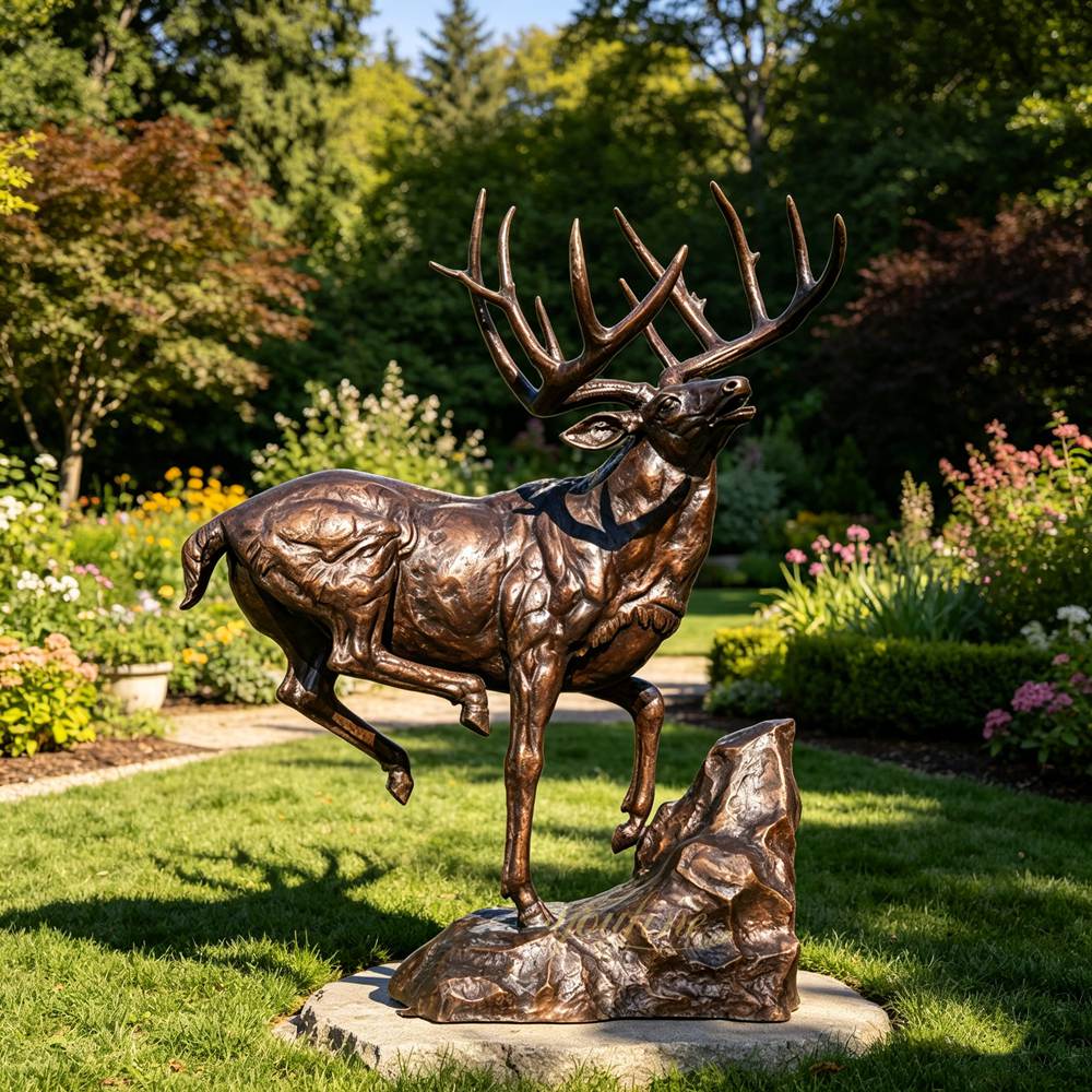Lively Leaping bronze Deer Sculpture in garden