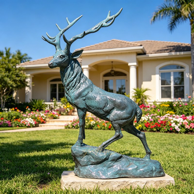 bronze Elk Statues with green patina in the villa garden