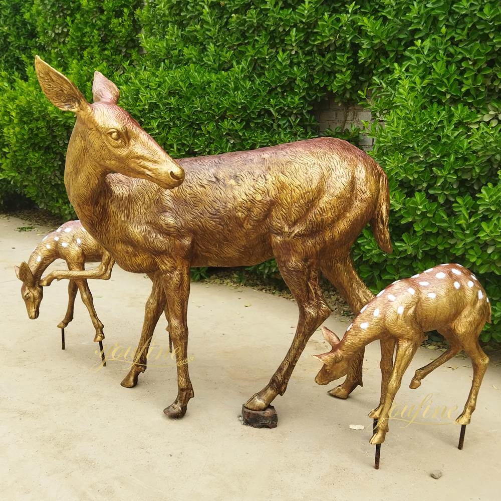 Outdoor Garden Bronze Doe and Fawn Statues BOKK-285 - Bronze Deer Sculpture - 3 Bronze Doe and Fawn sculpture