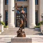 Bronze Lady Justice statue in law building courtyard