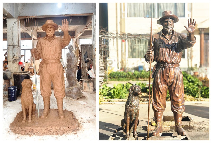 YouFine Bronze Gallery Custom Bronze Sculpture Fisherman and Puppy