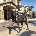 Giant bronze Moose Statue Outside The Ski Resort Lodge Hotel