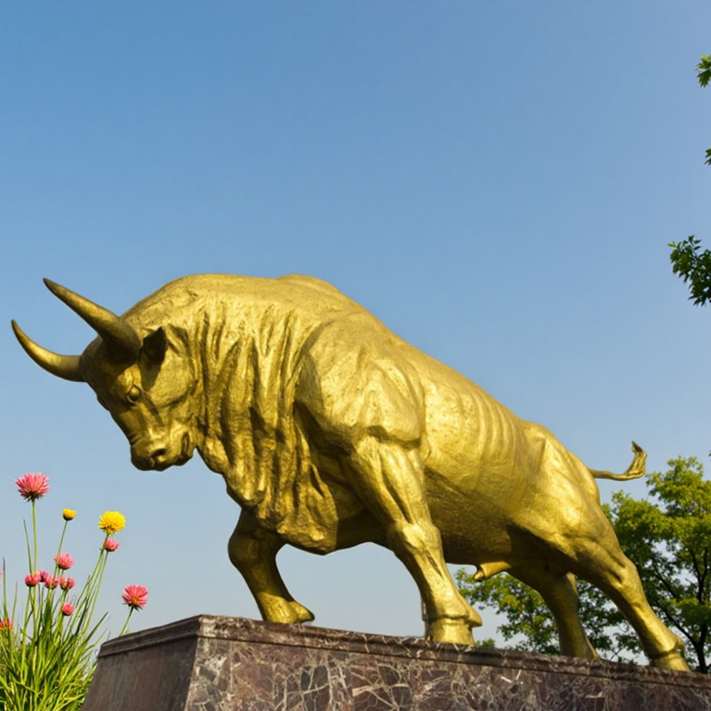 Shopping Mall Golden Bull Statue BOKK-366 - Bronze Bull Sculpture - 2