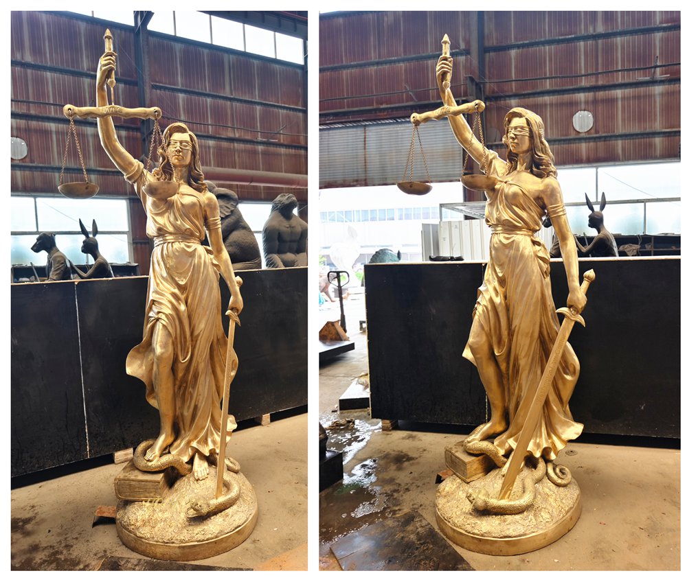 bronze Goddess of Justice statue before bronze patina