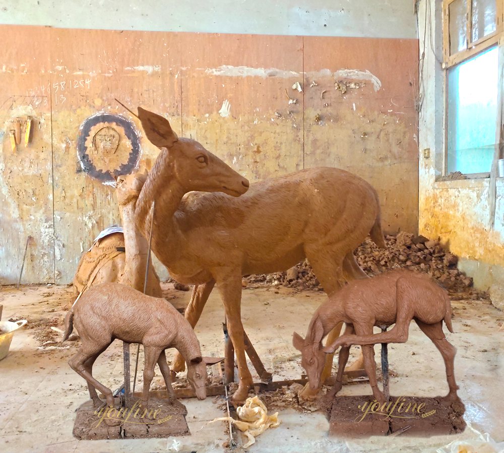Outdoor Garden Bronze Doe and Fawn Statues BOKK-285 - Bronze Deer Sculpture - 5 Cute lifesize Doe and Fawn statue clay model