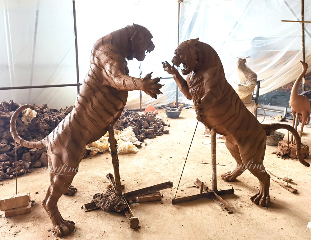 School Mascot large Tiger Statue BOKK-668 - Bronze Tiger Statue - 5 Clay Model of Fighting wildlife Tiger Sculpture