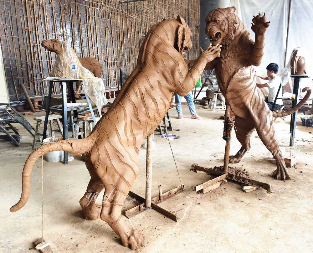 Custom Made Fighting Tiger Garden Statue BOKK-946 - Bronze Tiger Statue - 3 large Clay Model of wildlife Fighting Tiger Sculpture
