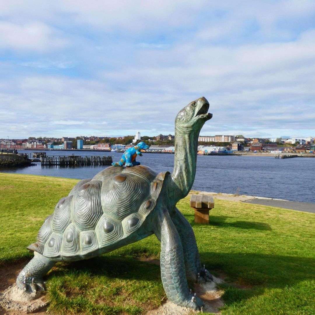 Large bronze tortoise statue in garden, symbolising longevity and health