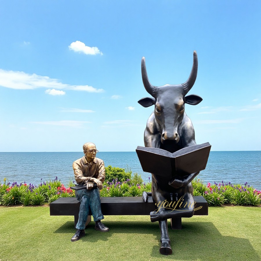 Custom Large Bronze Sitting Bull Statue BOKK-939 - Bronze Bull Sculpture - 2 Sitting Bull and man Statue reading book