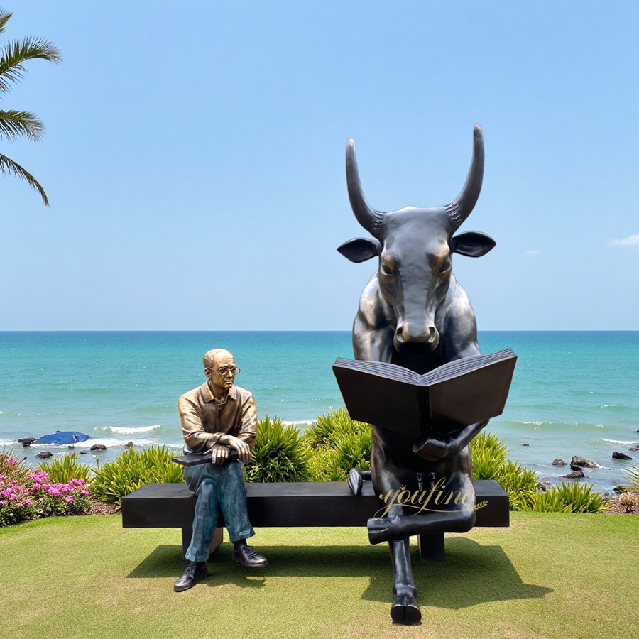 Large Thinking Barcelona Bull Statue BOKK-962 - Bronze Bull Sculpture - 4 Sitting Bull Statue with man