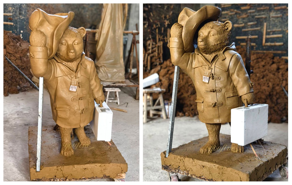 Custom standing Paddington Bear statue with suitcase clay model