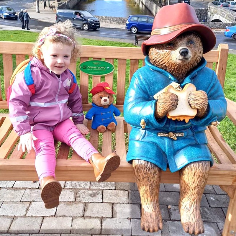 Lifesize paddington bear statue with child