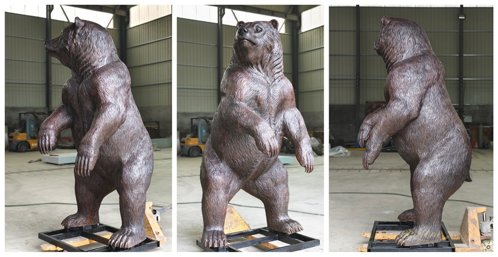 Multi-angle View of Antique Bronze Standing Grizzly Bear Garden Sculpture