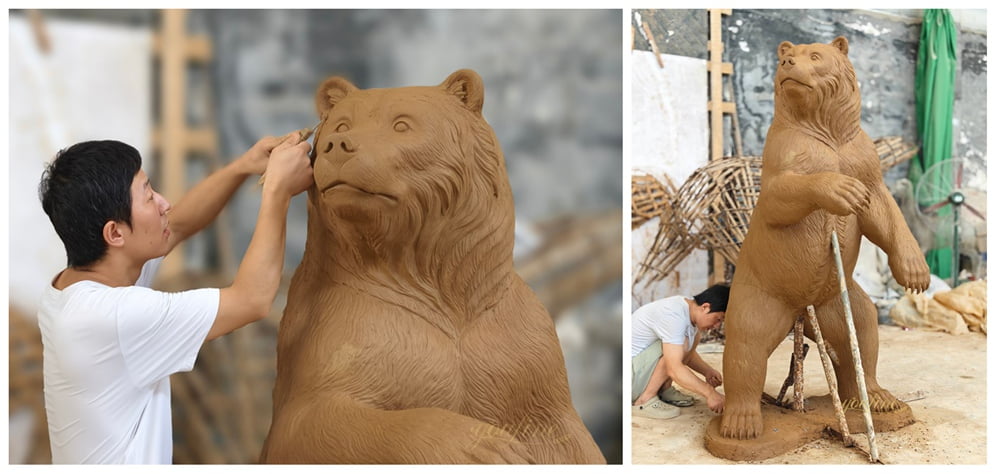 Sculptor Hand Carving Clay model for Standing Bronze Grizzly Bear Statue