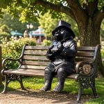 life size bronze paddington bear on wooden bench