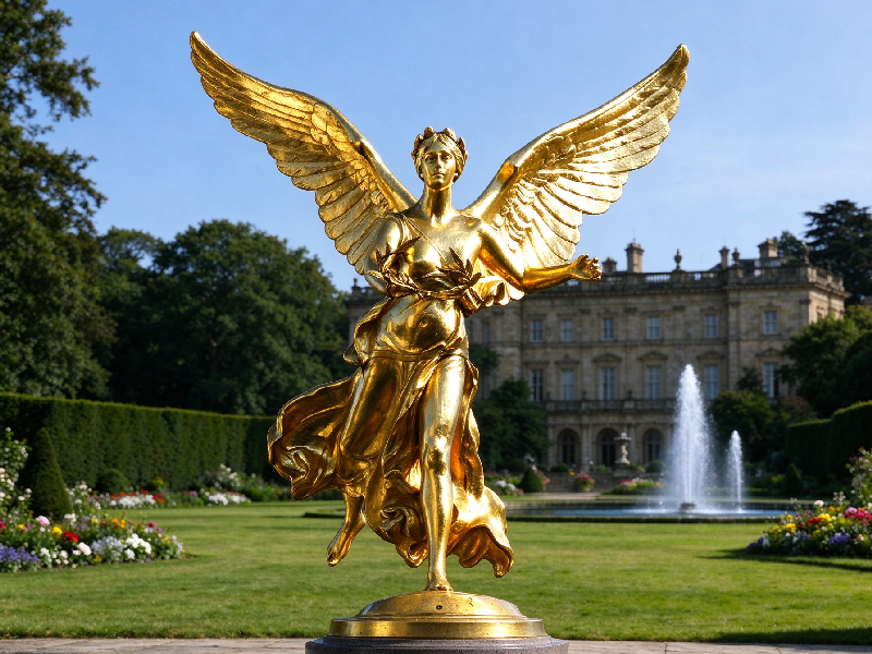 Large golden angel bronze statue displayed in private manor backyard