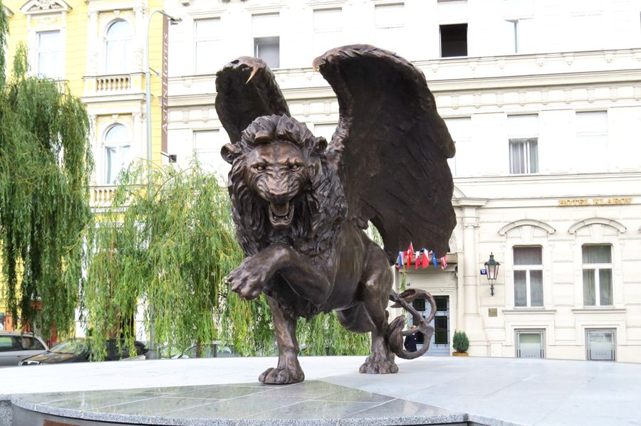 flying lion sculpture