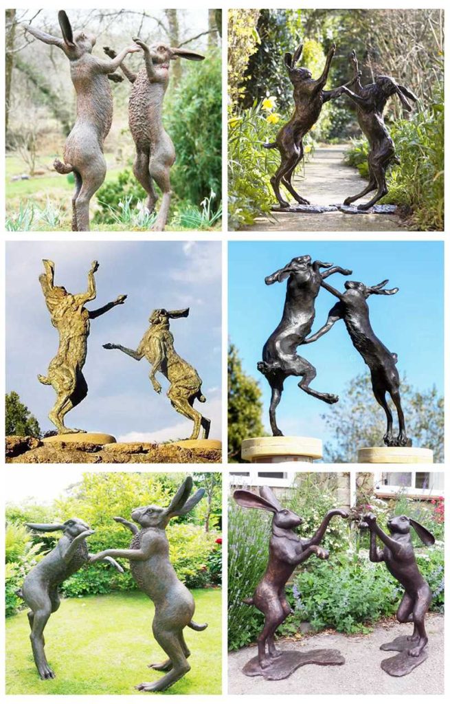 pair-of-bronze-hares-boxing sculpture