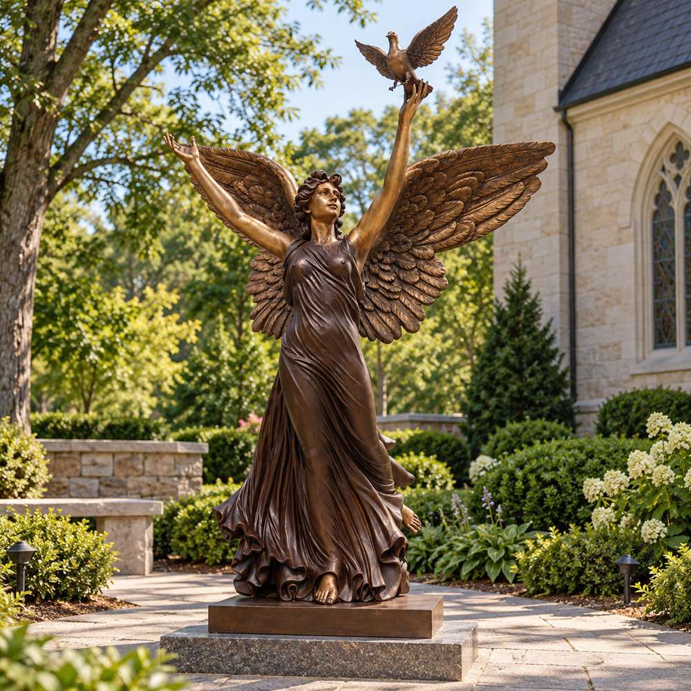 Life Size Bronze Angel with Dove Statue