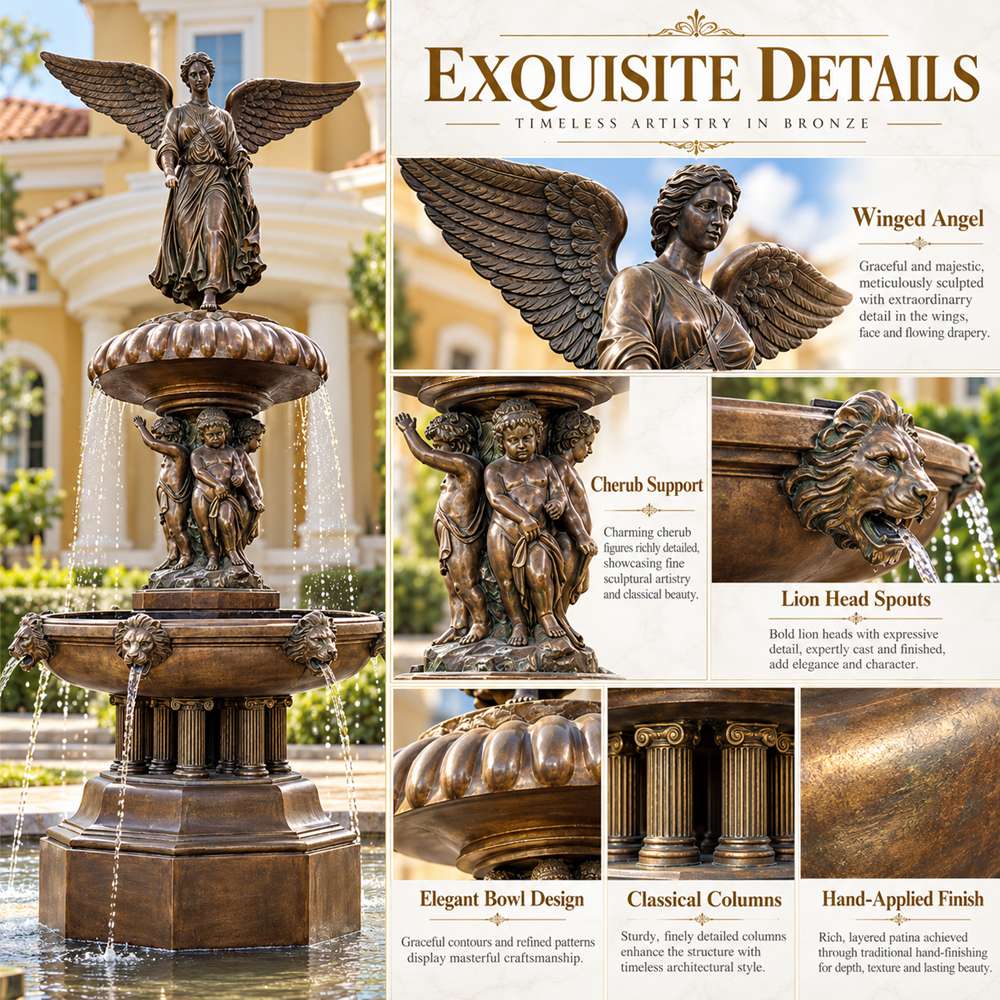 exquisite details of Large Outdoor Bronze Angel Water Fountain