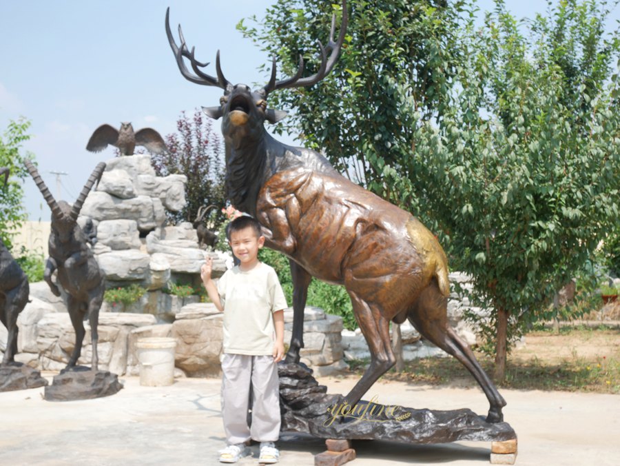 Buy Full Size Bronze Roaring Elk Statue BOKK-273 - Bronze Deer Sculpture - 9 realistic large Bronze Roaring Elk with young boy