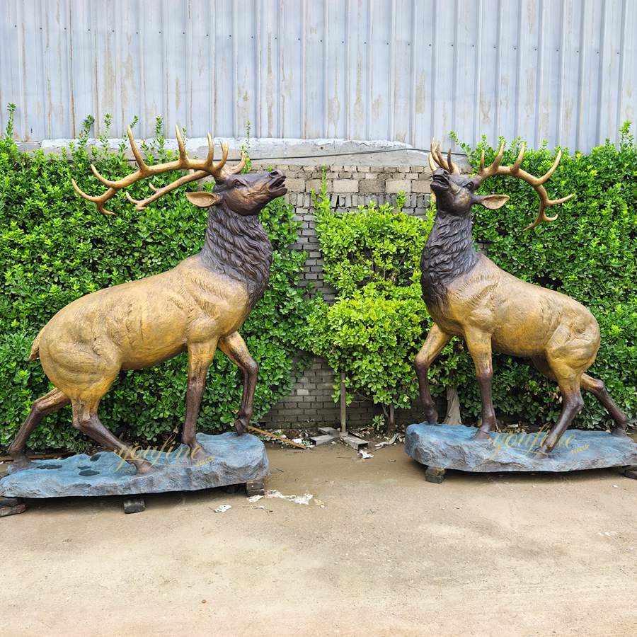 realistic two Bronze Roaring Elk Statue