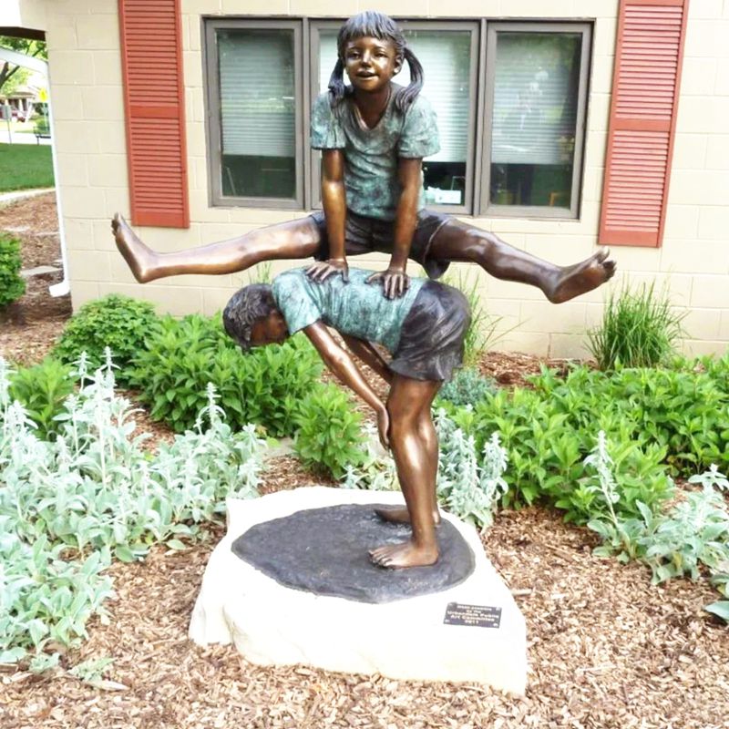 Children's Bronze Sports Boy and Girl Leapfrog Statues Playing Vault Art - Bronze Children Statues - 4