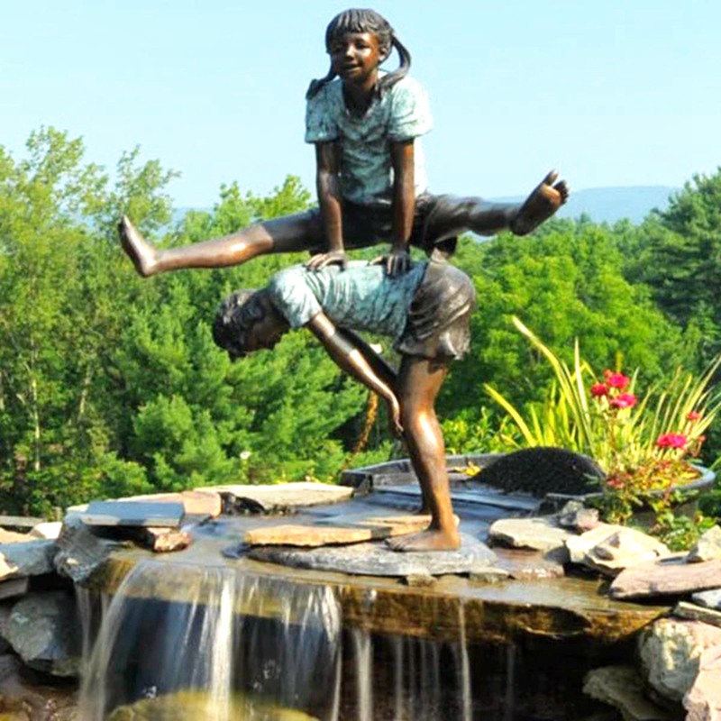Children's Bronze Sports Boy and Girl Leapfrog Statues Playing Vault Art - Bronze Children Statues - 2