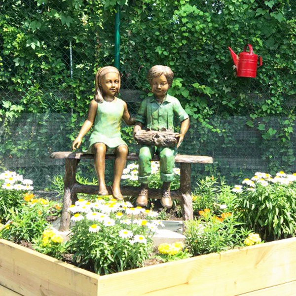 Life Size Bronze Child Sculpture Playing Rabbit Chasing Garden Decor - Bronze Children Statues - 5