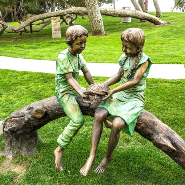Life Size Bronze Child Sculpture Playing Rabbit Chasing Garden Decor - Bronze Children Statues - 7