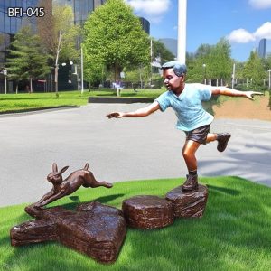 Life Size Bronze Child Sculpture Playing Rabbit Chasing Garden Decor