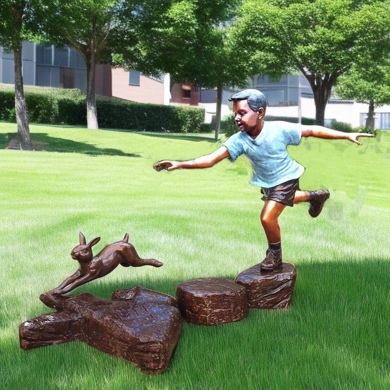 Life Size Bronze Child Sculpture Playing Rabbit Chasing Garden Decor - Bronze Children Statues - 4