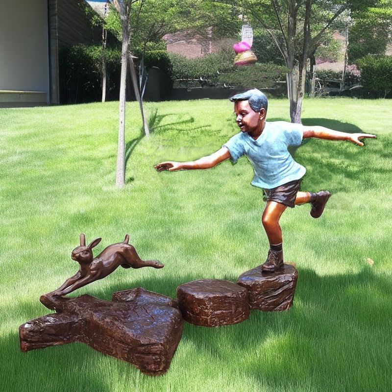 Life Size Bronze Child Sculpture Playing Rabbit Chasing Garden Decor - Bronze Children Statues - 2